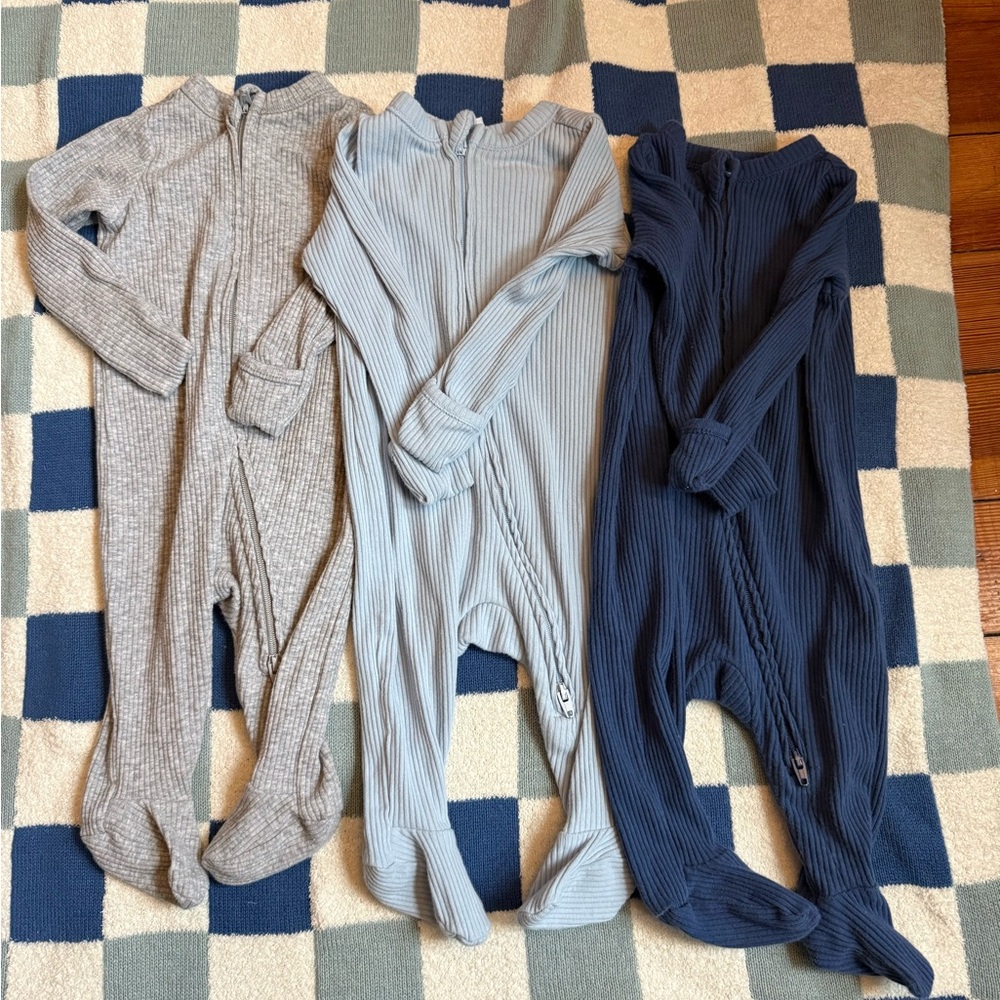 Old Navy Baby Footed One-Piece Sleepers in Gray, Light Blue, and Navy